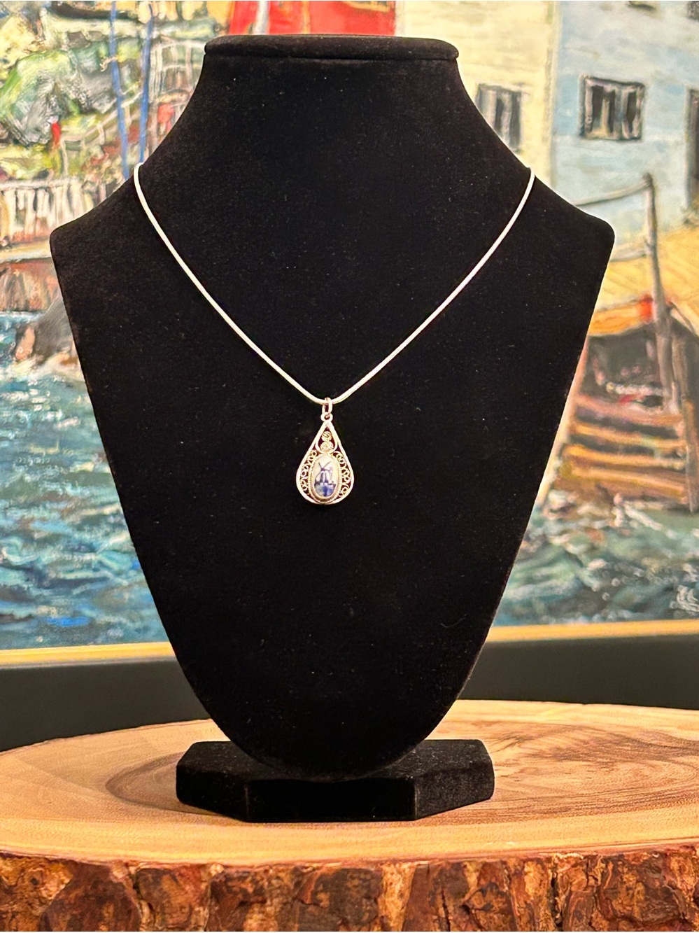 Delft Blue Windmill Filigree Necklace | 18” Sterling Chain